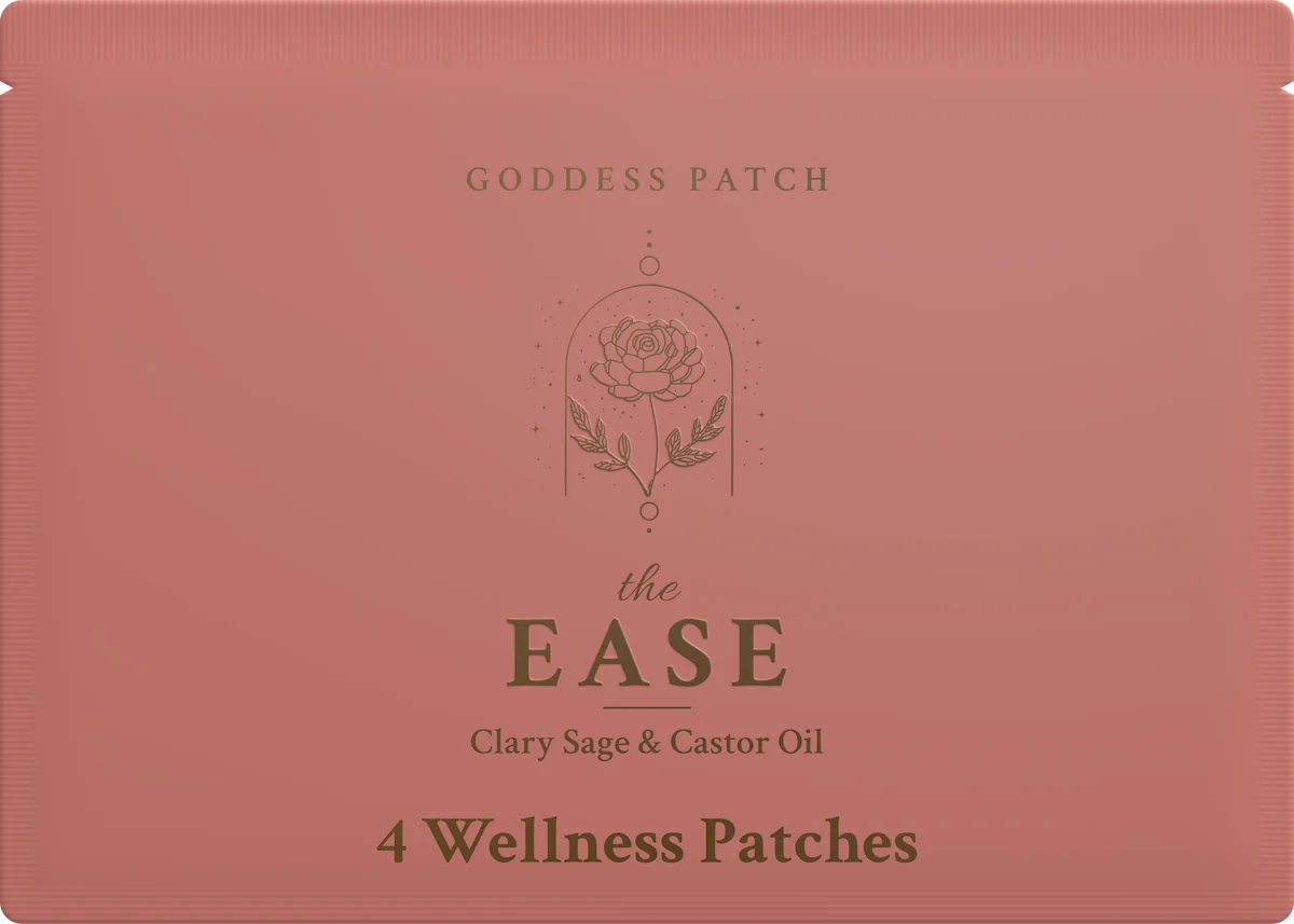 The Ease pouch, front: GODDESS PATCH, a rose under an arch, the Ease, Clary Sage & Castor Oil, 4 Wellness Patches
