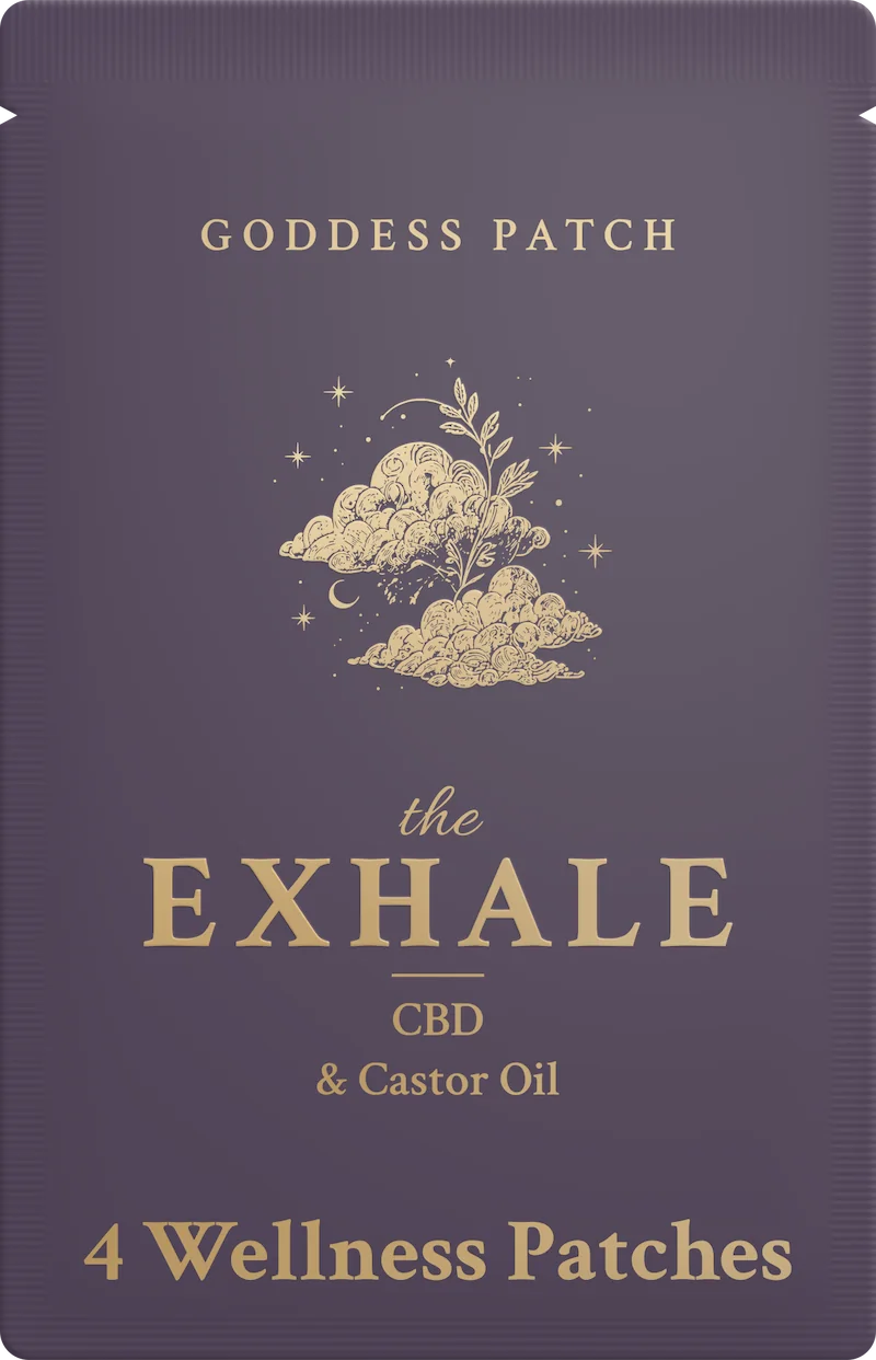 The Exhale pouch, front: GODDESS PATCH, two clouds and a sprig, the Exhale, CBD & Castor Oil, 4 Wellness Patches