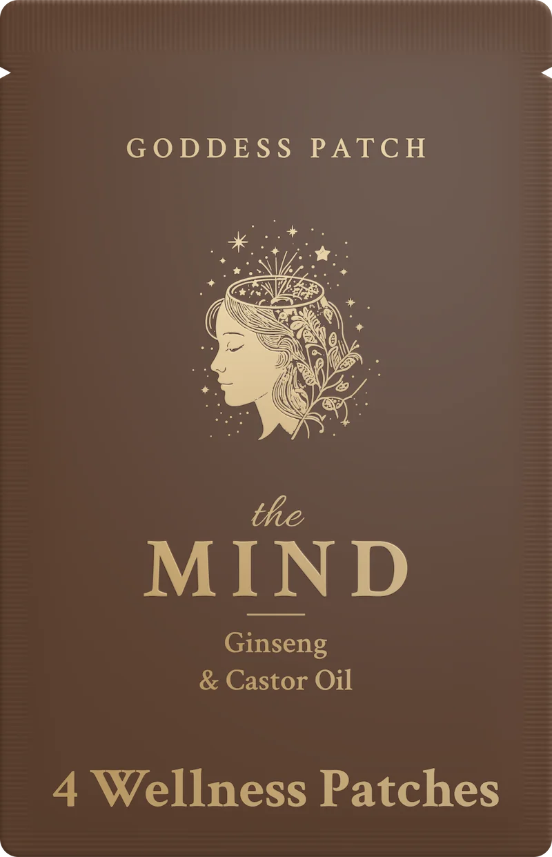 The Mind pouch, front: GODDESS PATCH, a woman's profile crowned with botanicals, the Mind, Ginseng & Castor Oil, 4 Wellness Patches