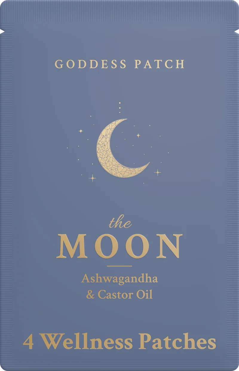 The Moon pouch, front: GODDESS PATCH, a faceted crescent moon, the Moon, Ashwagandha & Castor Oil, 4 Wellness Patches