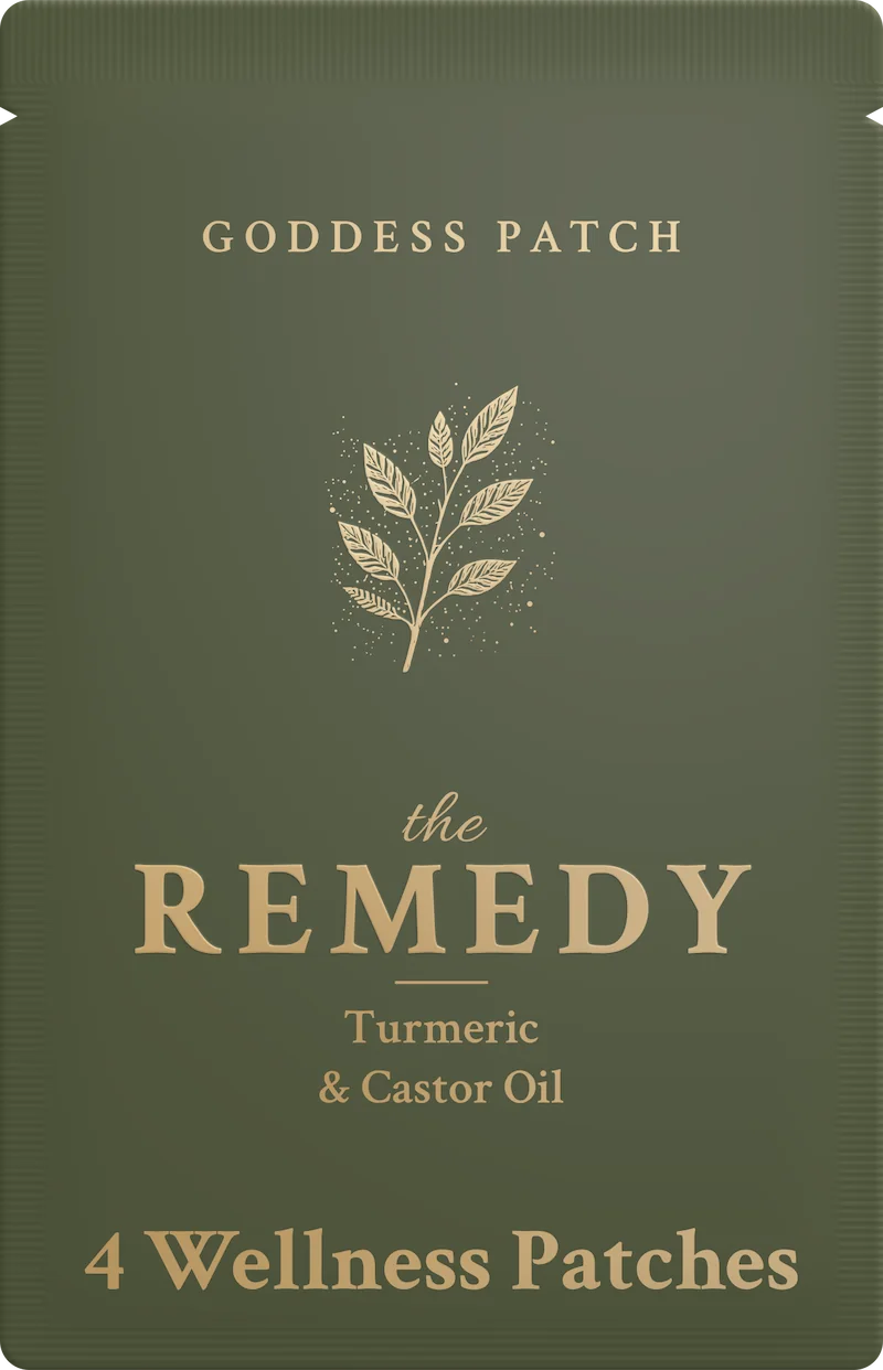 The Remedy pouch, front: GODDESS PATCH, a leafy sprig, the Remedy, Turmeric & Castor Oil, 4 Wellness Patches