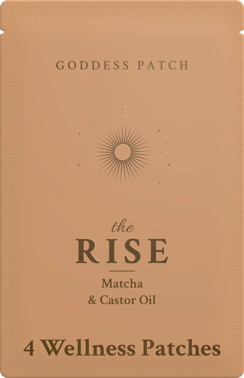 The Rise pouch, front: GODDESS PATCH, a sunburst, the Rise, Matcha & Castor Oil, 4 Wellness Patches
