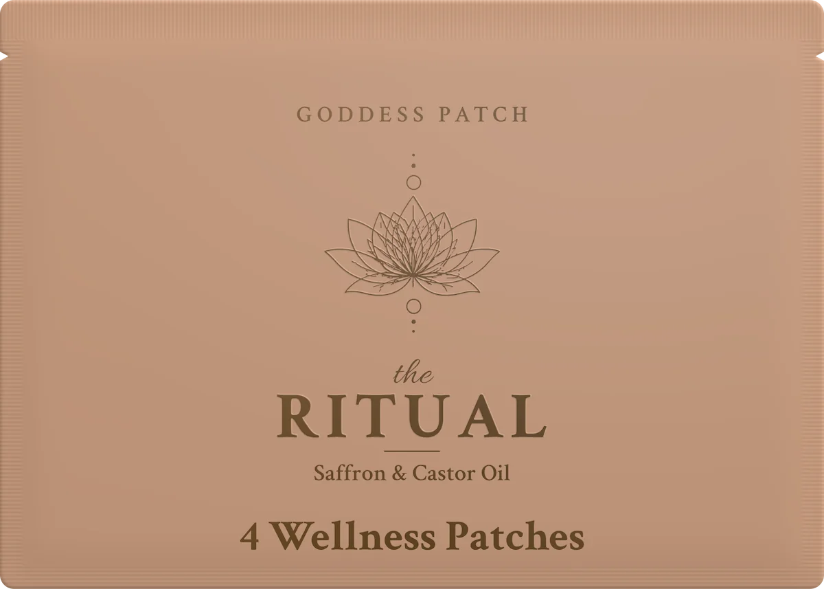 The Ritual pouch, front: GODDESS PATCH, a lotus, the Ritual, Saffron & Castor Oil, 4 Wellness Patches